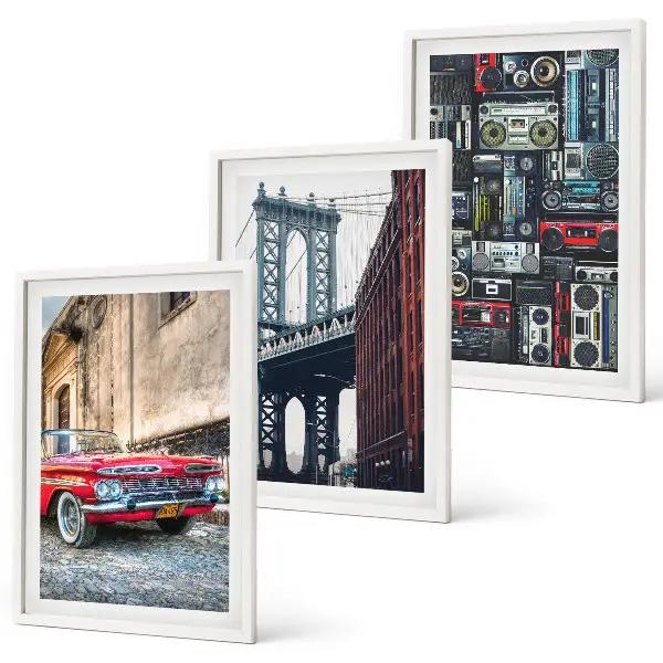 Set of 3 framed wall art pieces featuring an old retro Brooklyn bridge and car design