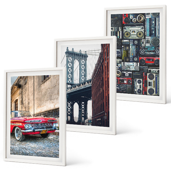 Set of 3 framed wall art pieces Old car bridge Brooklyn retro audio