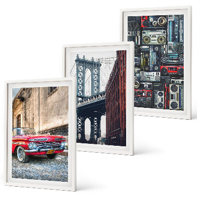 Set of 3 framed wall art pieces Old car bridge Brooklyn retro audio