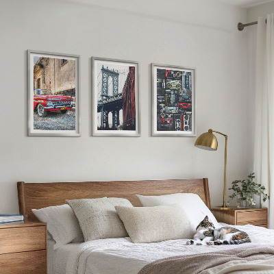 Set of 3 framed wall art pieces Old car bridge Brooklyn retro audio