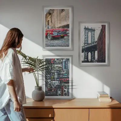 Set of 3 framed wall art pieces featuring an old retro Brooklyn bridge and car design