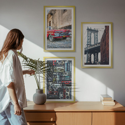 Set of 3 framed wall art pieces Old car bridge Brooklyn retro audio