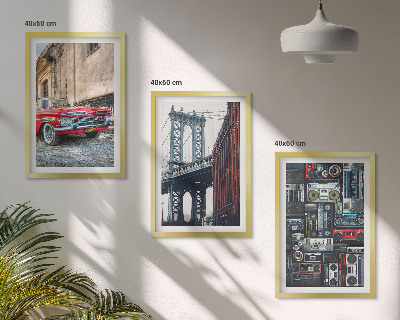 Set of 3 framed wall art pieces Old car bridge Brooklyn retro audio