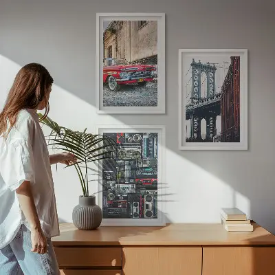 Set of 3 framed wall art pieces featuring an old retro Brooklyn bridge and car design