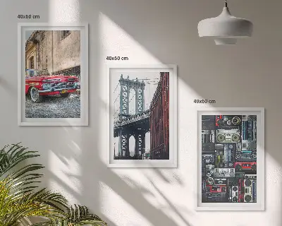 Set of 3 framed wall art pieces featuring an old retro Brooklyn bridge and car design