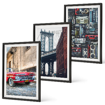 Set of 3 framed wall art pieces Old car bridge Brooklyn retro audio