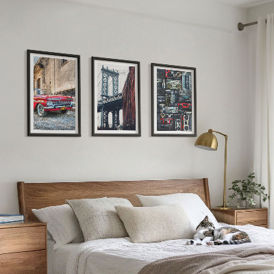 Set of 3 framed wall art pieces Old car bridge Brooklyn retro audio
