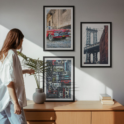 Set of 3 framed wall art pieces Old car bridge Brooklyn retro audio