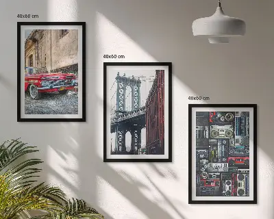 Set of 3 framed wall art pieces featuring an old retro Brooklyn bridge and car design
