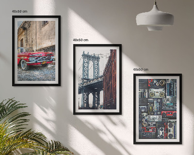 Set of 3 framed wall art pieces Old car bridge Brooklyn retro audio