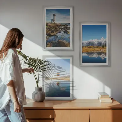 Wall art set featuring views of nature with a lighthouse, mountains, and a balloon