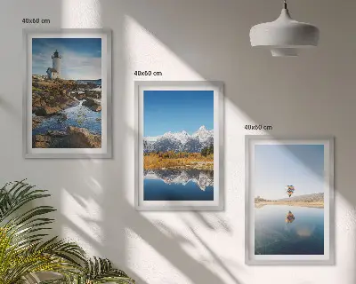 Wall art set featuring views of nature with a lighthouse, mountains, and a balloon