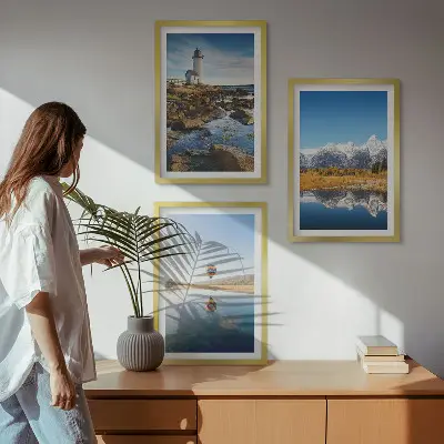 Wall art set featuring views of nature with a lighthouse, mountains, and a balloon