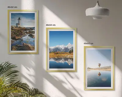 Wall art set featuring views of nature with a lighthouse, mountains, and a balloon
