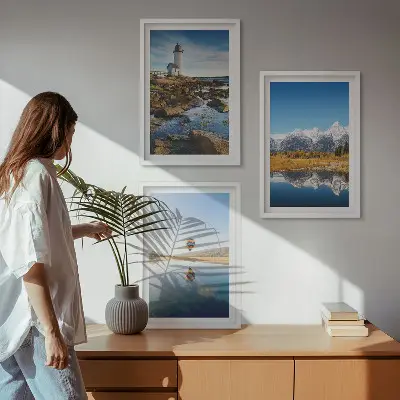 Wall art set featuring views of nature with a lighthouse, mountains, and a balloon