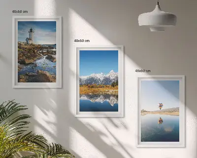 Wall art set featuring views of nature with a lighthouse, mountains, and a balloon