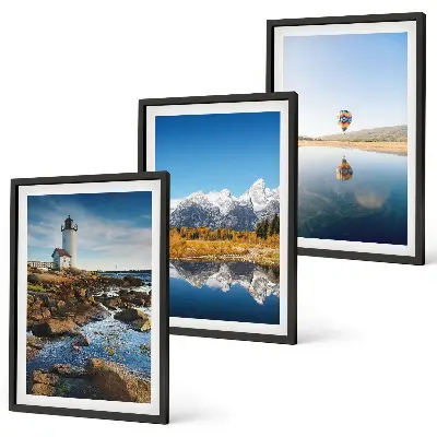 Wall art set featuring views of nature with a lighthouse, mountains, and a balloon