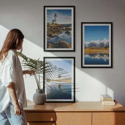 Wall art set featuring views of nature with a lighthouse, mountains, and a balloon