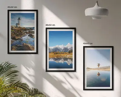 Wall art set featuring views of nature with a lighthouse, mountains, and a balloon
