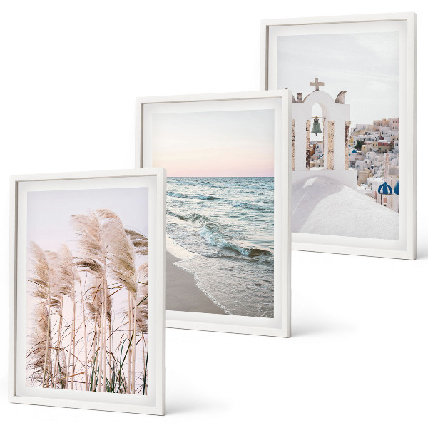 Three-piece wall art piece Plants, sea waves, view, houses