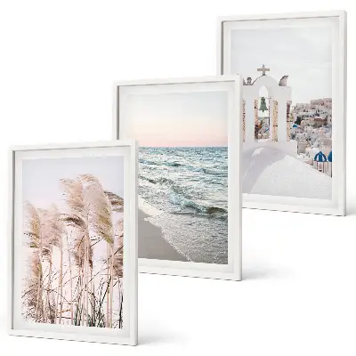 Three-piece wall art set featuring plants, sea waves, and houses