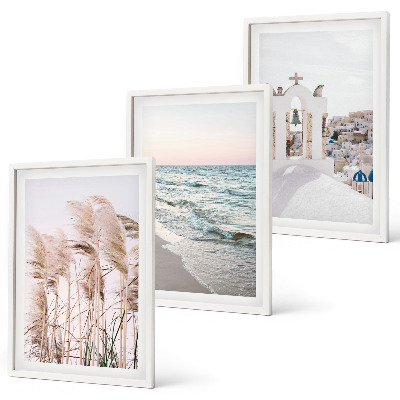 Three-piece wall art piece Plants, sea waves, view, houses