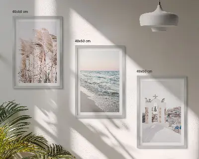 Three-piece wall art set featuring plants, sea waves, and houses