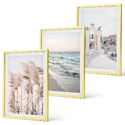 Three-piece wall art set featuring plants, sea waves, and houses