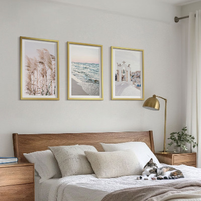 Three-piece wall art piece Plants, sea waves, view, houses