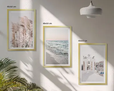 Three-piece wall art set featuring plants, sea waves, and houses