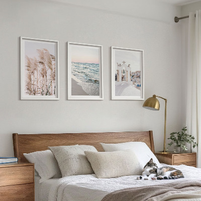 Three-piece wall art piece Plants, sea waves, view, houses