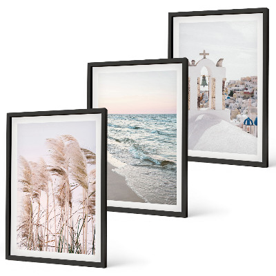 Three-piece wall art piece Plants, sea waves, view, houses