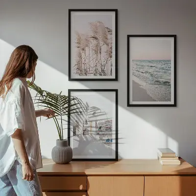 Three-piece wall art set featuring plants, sea waves, and houses