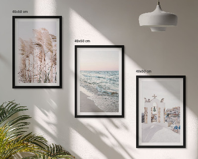 Three-piece wall art piece Plants, sea waves, view, houses
