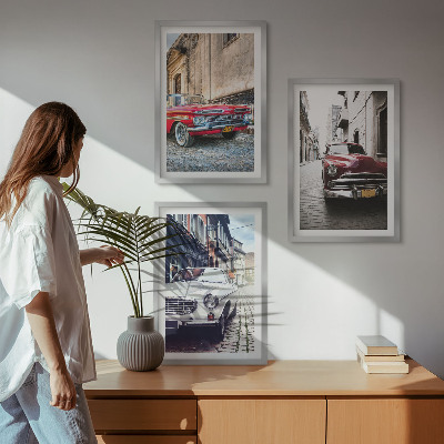 Set of 3 framed wall art pieces Classic cars in cities