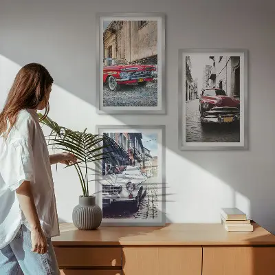 Classic cars in cities wall art set of 3 framed pieces