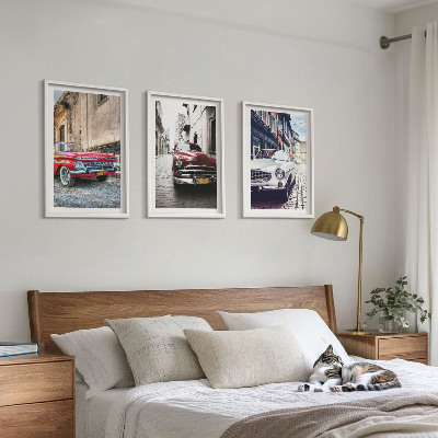 Set of 3 framed wall art pieces Classic cars in cities