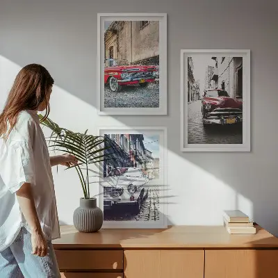Classic cars in cities wall art set of 3 framed pieces