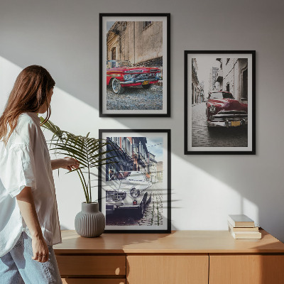 Set of 3 framed wall art pieces Classic cars in cities