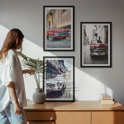 Classic cars in cities wall art set of 3 framed pieces