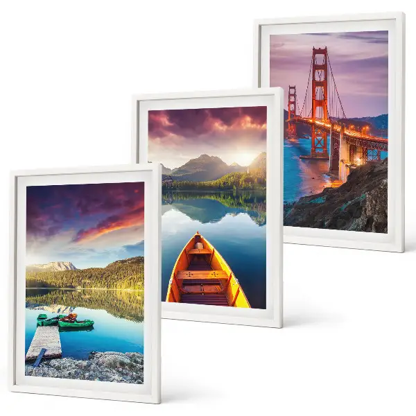 Set of 3 framed wall art pieces mountain views featuring a lake and bridges