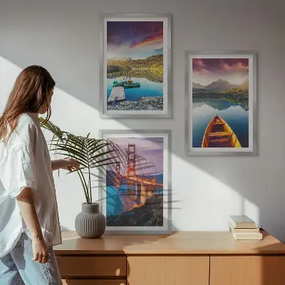 Set of 3 framed wall art pieces mountain views featuring a lake and bridges
