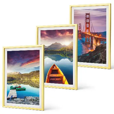 Set of 3 framed wall art pieces mountain views featuring a lake and bridges