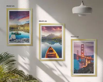Set of 3 framed wall art pieces mountain views featuring a lake and bridges