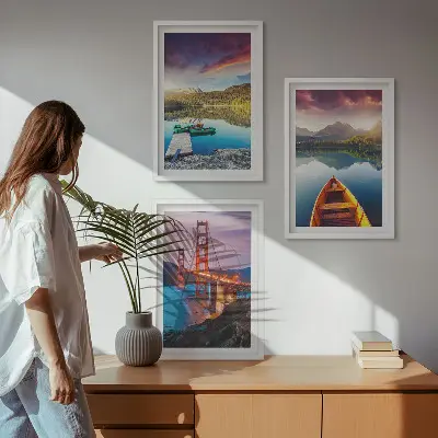 Set of 3 framed wall art pieces mountain views featuring a lake and bridges