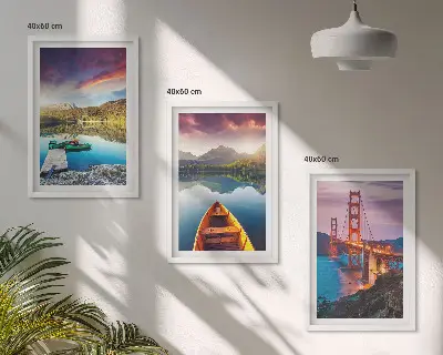 Set of 3 framed wall art pieces mountain views featuring a lake and bridges