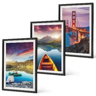 Set of 3 framed wall art pieces mountain views featuring a lake and bridges