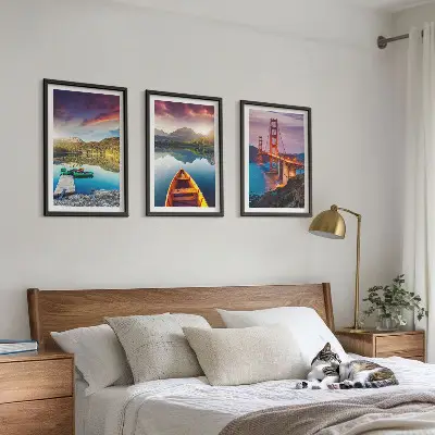 Set of 3 framed wall art pieces mountain views featuring a lake and bridges