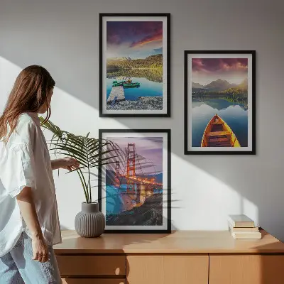 Set of 3 framed wall art pieces mountain views featuring a lake and bridges