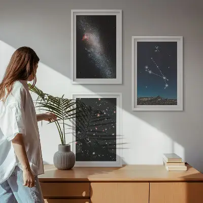 Set of 3 framed wall art pieces featuring cosmic galaxy landscapes